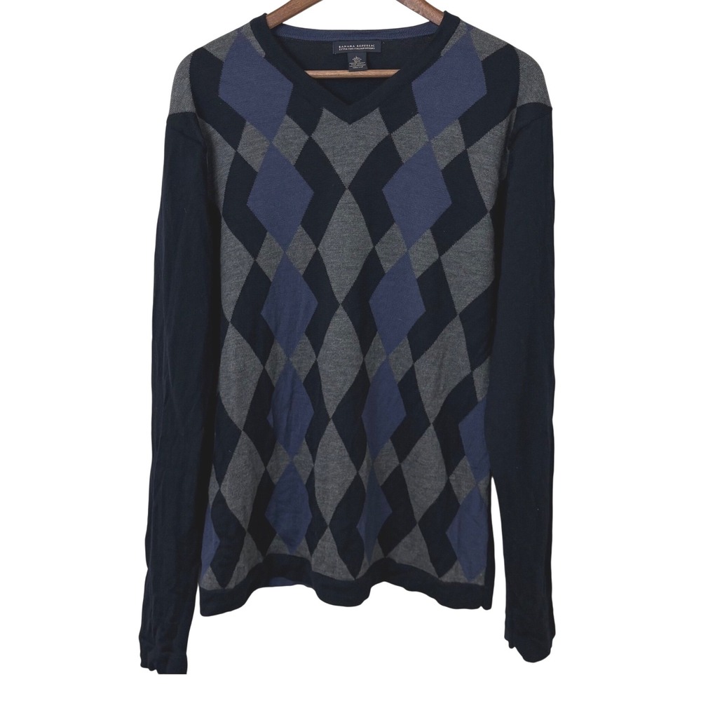 Banana Republic Sweater Men's M/L Extra Fine Merino Wool Blue Argyle Y2K Vintage